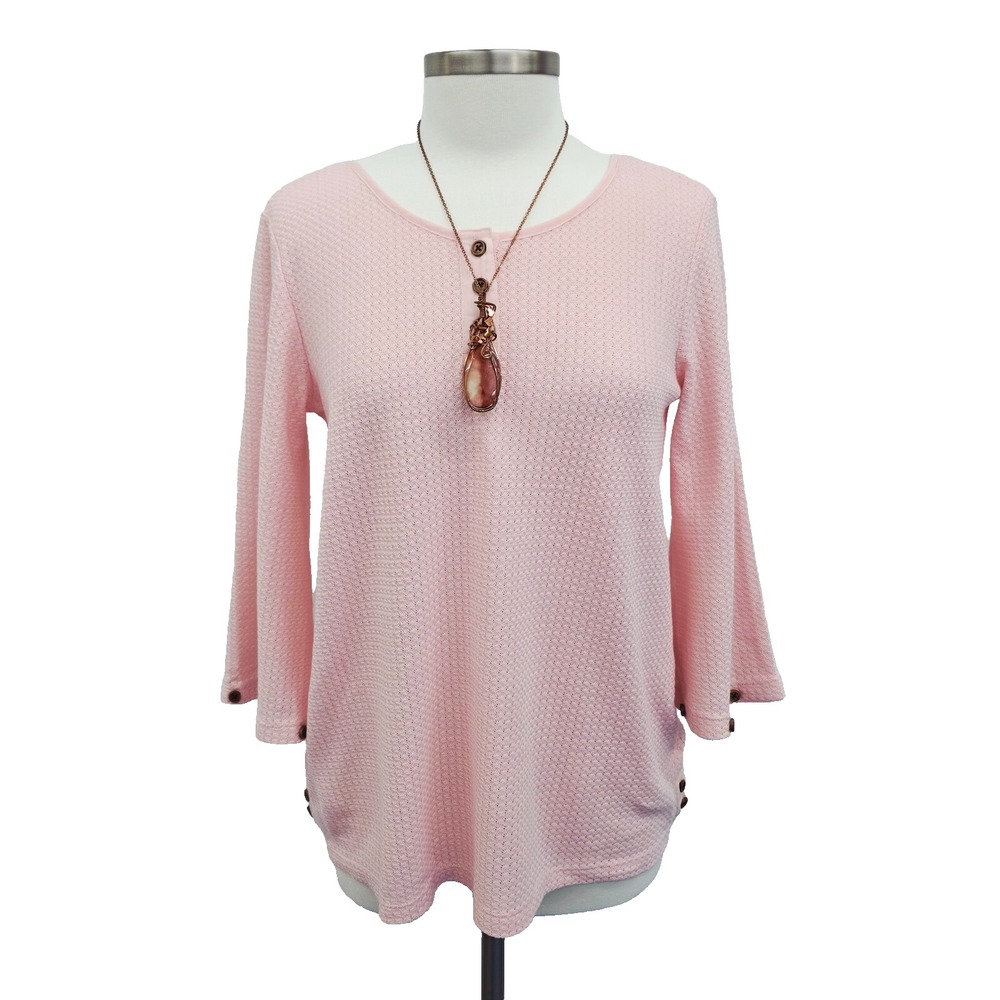 Simply Noelle Womens XS Pink Textured Knit Top 3/4 Sleeve Button Accent Pullover